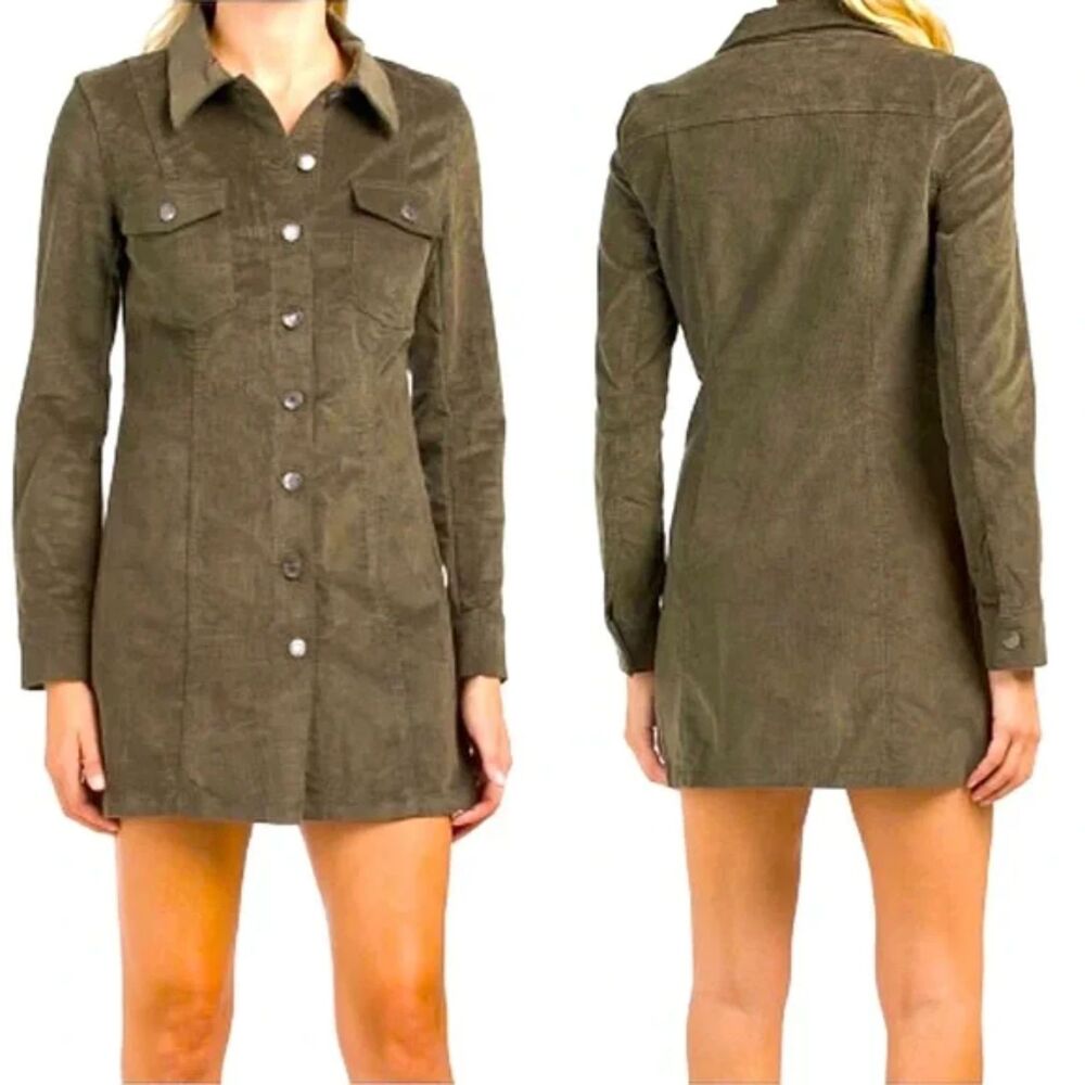 HOUSE OF HARLOW 1960‎ Corduroy Shirt Mini Dress Green XS